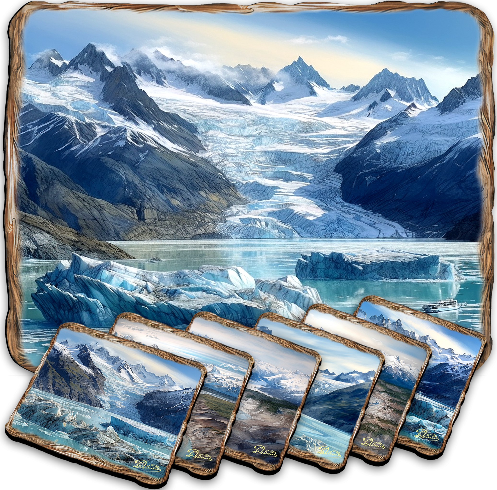 Glacier's Majesty Wooden Cork Placemat and Coasters Gift Set of 7 by Nature Wonders Nature Wildlife Decor - 85402C-S7